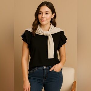 S·DEER / CONCEPT Black Ruffle-Sleeve Knit Top | Soft Drape Pull-On Tee | Size M